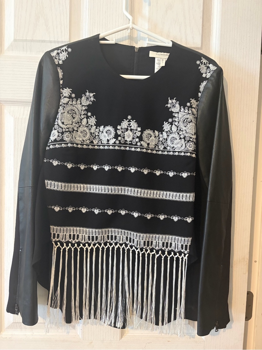 BCBGMaxAzria Black Top with White Embroidery and Fringe